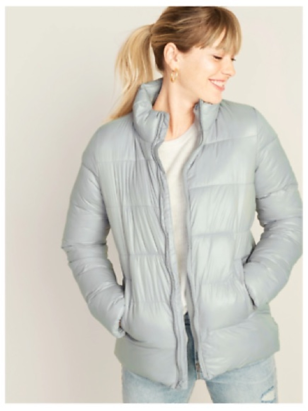 NWT Medium Old Navy Sport Reversible Puffer Jacket Gray Pockets Ski Hiking Run